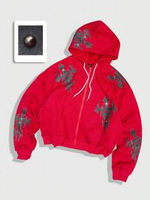 ROMWE MEN Street Life Men's Retro Printed Studded Decor Hoodie Sweatshirt , Fall Winter - Red - View 1