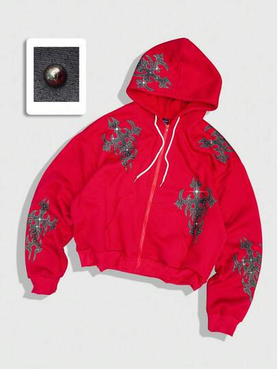 Goth Felpa con cappuccio da uomo retrò stampata con decorazioni borchiate, autunno inverno