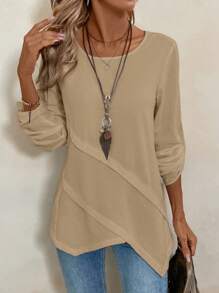 EMERY ROSE Women's White Asymmetrical Hem Round Neck Blouse - Khaki - View 7