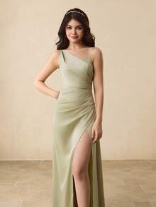 Vestido largo de satén verde menta de un solo hombro con cintas largas y fluidas, elegante para niña adolescente, niña de las flores, baile de graduación, Halloween, Navidad, graduación, boda - Vestido de princesa con ajuste delgado, cola de pez y dobladillo dividido para eventos escolares