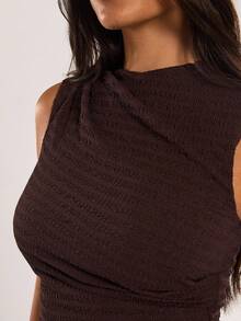 SHEIN BAE 女士夏季时尚通勤纯色不对称下摆吊带背心 - 摩卡棕 - 查看 4