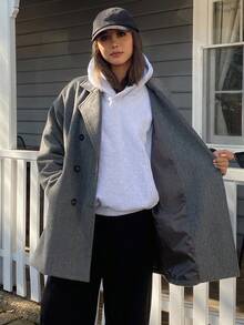 DAZY Áo khoác len dáng rộng màu trơn thường ngày dành cho nữ có ve rộng, áo khoác nữ thu/đông - Xám - Xem 5