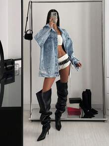 StreetHx 女式休闲宽松落肩长袖单排扣牛仔夹克，秋季 - 藍色 - 查看 3