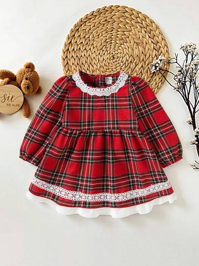 SHEIN This Is A New Fashion Collection For Baby Girls In Spring And Autumn. It Features A Red Brushed Check Round-Neck Lace Puffed Sleeve, A Retro School Sweet Zipper Long-Sleeved Dress. It's A Must-Have For Daily Wear Fall Winter