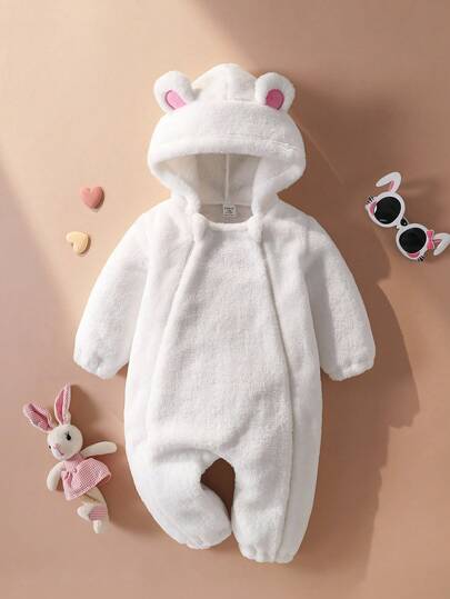 SHEIN 女婴/宝宝可爱熊耳连帽连体衣，前拉链设计，柔软舒适，长袖，适合户外活动和日常穿着，秋冬季节。