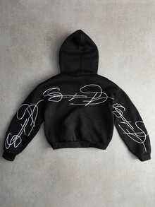 PAVTROS Manfinity Streetrush Men's Creative Text Graphic Embroidered Thermal Lined Metal Zipper Hoodie, Zip Up Hoodie, Streetwear, Black , 2000s Style , Fall Winter, Long Sleeve Top - Black - View 5