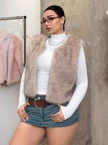 SHEIN EZwear 蓬松加厚大码女式前开宽松背心/夹克，适合冬季 - 杏色 - 查看 3