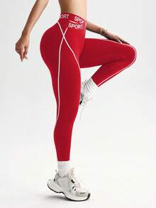 SHEIN Sports 1 件女式字母弹性交叉腰带紧身裤，适合跑步、健身、锻炼 - 紅色 - 查看 4