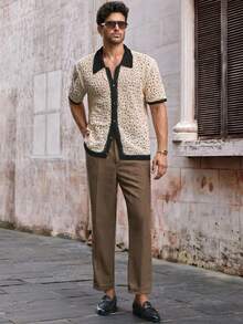 Manfinity VCAY Áo len cardigan tay ngắn cổ polo màu tương phản thường ngày khoét lỗ cho nam Áo sơ mi móc cho nam Áo sơ mi móc cho nam Áo sơ mi dệt kim hở cho nam Áo sơ mi nam Boho Áo sơ mi ren cho nam - Nhiều màu - Xem 6