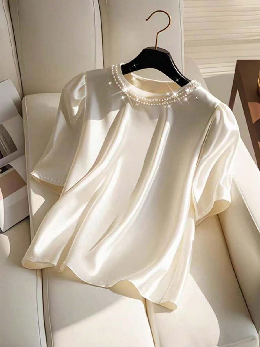 SHEIN Clasi 女士纯色短袖衬衫，简约时尚，适合夏季 - 杏色 - 查看 1