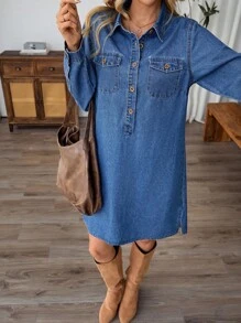 EMERY ROSE 女式短款纯色牛仔连衣裙，有领和常规下摆，适合日常风格，蓝色牛仔连衣裙，纽扣式牛仔连衣裙，长袖牛仔连衣裙，牛仔连衣裙，女式秋季连衣裙 - 深色水洗藍 - 查看 6