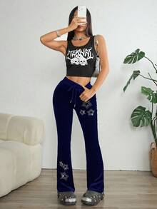 INAWLY Y2K 时尚五星装饰低腰喇叭裤 - 寶藍色 - 查看 3