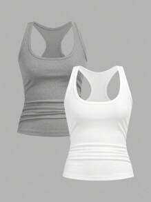 Slaydiva 2025 Sommer/Herbst Neue Lässig Basic Allround Weiß mit tiefem U-Ausschnitt und Damen Trägershirt, Zweierpack, Weiß + Hellgrau, Alltag, Treffen mit Freunden, Reisen, Abschluss, Brunch, Schulbeginn, Pendeln, vielseitig einsetzbar