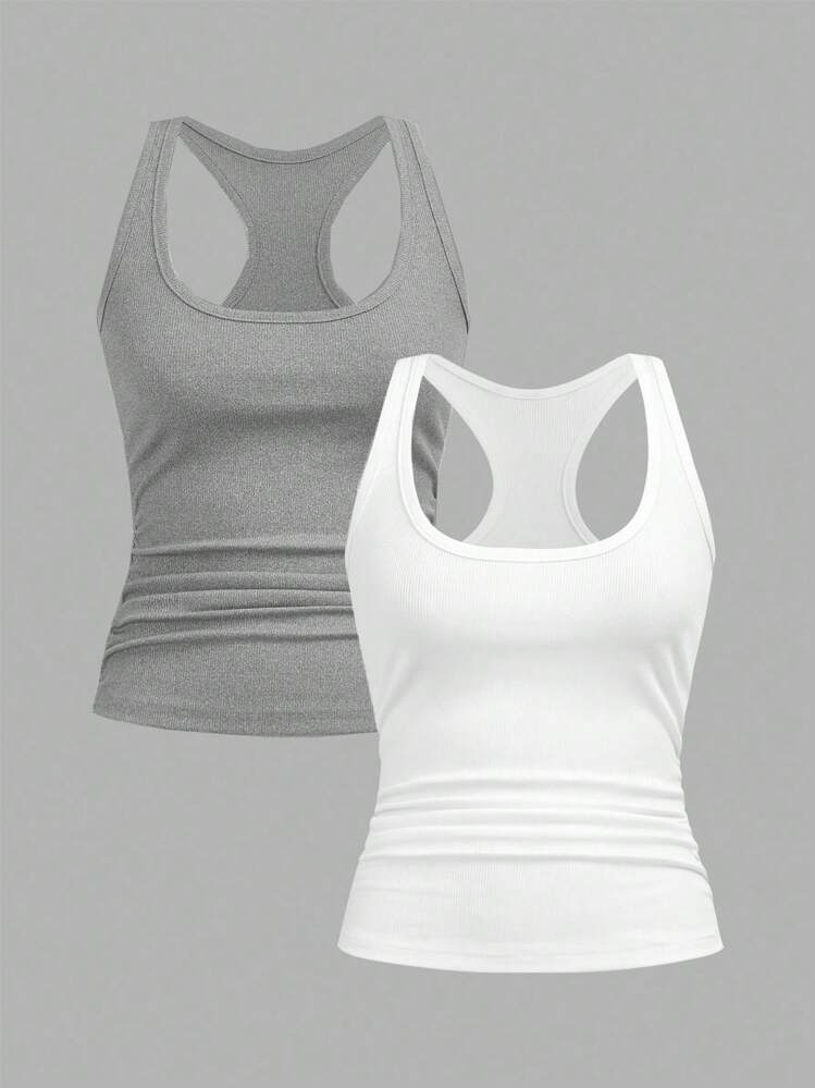 Slaydiva 2025 Summer /Fall New Casual Basic Casual All-Match White With Deep U-Neck And Women Tank Top , Two-Pack, White + Light Gray,Daily Travel, Friends Gathering, Travel, Graduation, Brunch, Back To School, Commuting, Versatile - Multicolor - View 1