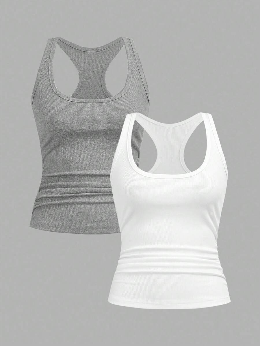 Slaydiva 2025 Sommer/Herbst Neue Lässig Basic Allround Weiß mit tiefem U-Ausschnitt und Damen Trägershirt, Zweierpack, Weiß + Hellgrau, Alltag, Treffen mit Freunden, Reisen, Abschluss, Brunch, Schulbeginn, Pendeln, vielseitig einsetzbar