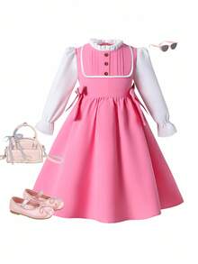 Young Girl'Elegant Cute Sweet Dress,Blush Pink,Autumn,Formal,Party,Floral Collar,Pleated Bust,Elastic Cuff,Detachable Bow Waist Fall Winter Dress - Pink - View 4