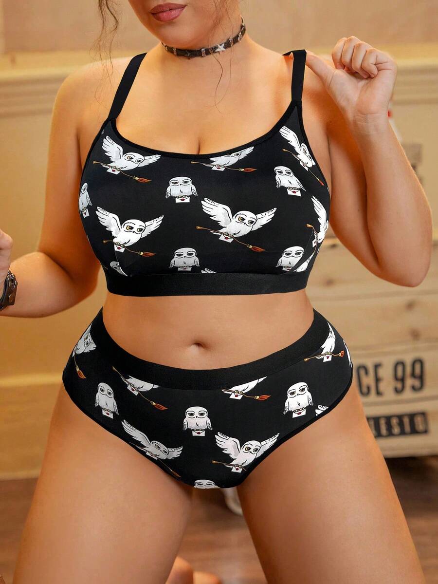 HARRY POTTER X SHEIN Plus Size Black & White Cartoon Hedwig Print Camisole Bra And Panty Set,Basic Comfortable Casual ,Soft,Cute,Kawaii,Sweet