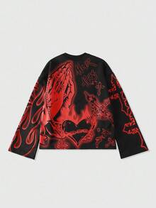 ROMWE MEN Goth Men's Loose Cropped Long Sleeve Hoodie - Red - View 2