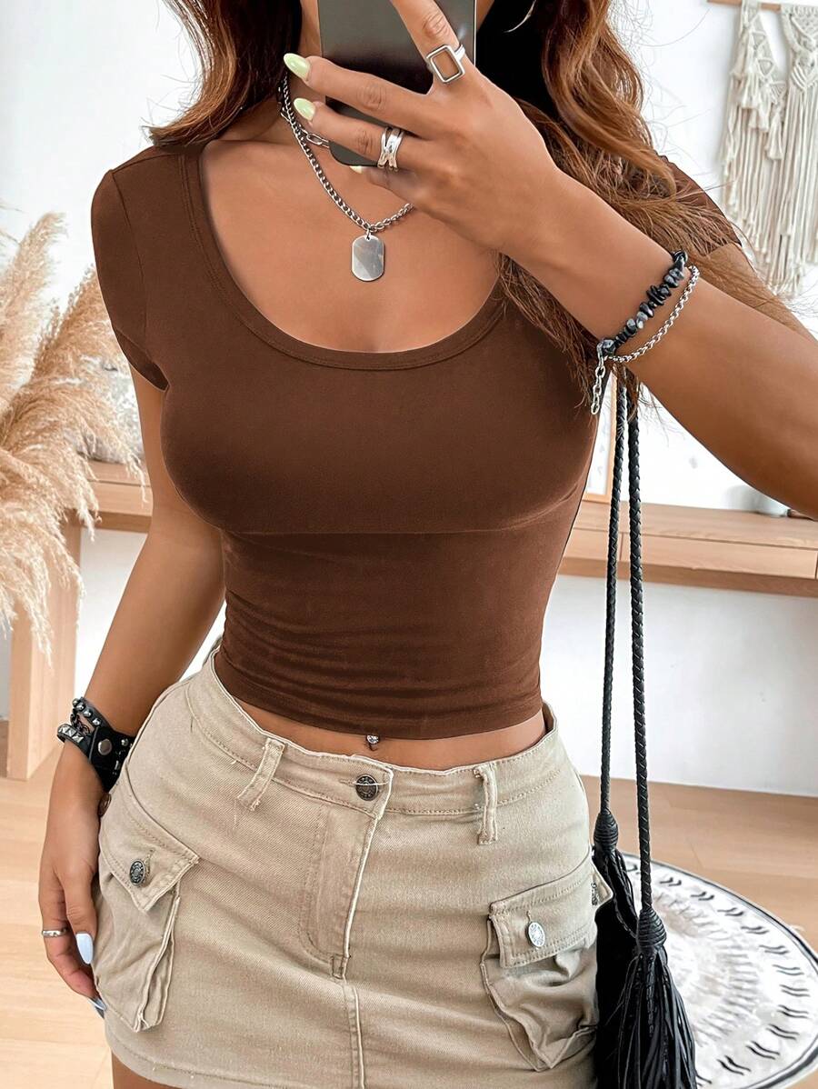 SHEIN EZwear 休闲简约棕色圆领袖修身女式 T 恤,适合夏季 - 棕色 - 查看 1