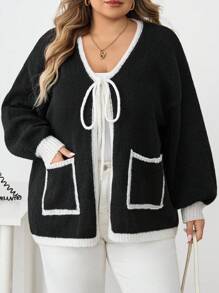 SHEIN CURVE+ Plus Size Casual Loose Tie Pocket Long Sleeve Cardigans In Fall/Winter - Black - View 8