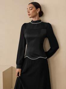 Graceveil Women's Satin Patchwork Mock Neck Pearl Decor Luxury Vintage Elegant Dress Fall Cloth For Women - Black - View 5