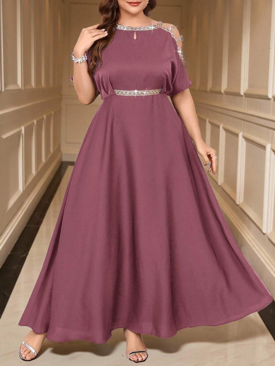 SHEIN Clasi Plus Size Rhinestone Decor Off-Shoulder Elegant Solid Color Dress