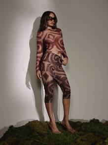 MUSERA 中长款漩涡印花网眼七分紧身裤（仅限下装）秋季性感可爱乡村西部风夜外出同步派对夏季 - 彩色 - 查看 1