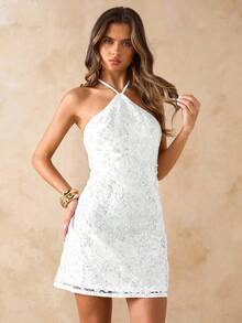 SHEIN BAE Vestido mini con tirantes de espagueti, sin espalda, con textura y lentejuelas de unicolor para primavera/verano, vestido de tirantes con estampado floral con cuentas y lentejuelas para vacaciones y playa, vestido maxi sin espalda de color rosa - Blanco - Ver 6