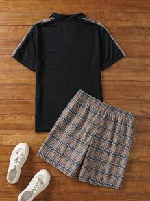 Manfinity NXTstreet Men Plaid Print Polo Shirt & Drawstring Waist Shorts, Cozy Outfits - Black - View 2