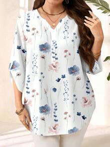 EMERY ROSE 返校教师节蓝白花卉图案大码女士初秋七分袖褶边衬衫 - 藍白色 - 查看 6