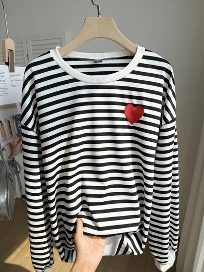 SHEIN EZwear 大碼條紋印花愛心刺繡落肩袖運動衫