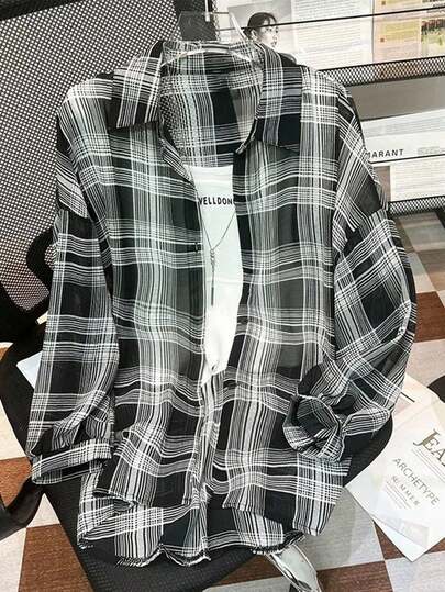 INAWLY 大码休闲格子落肩前扣衬衫