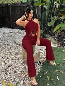 SHEIN SXY 度假性感露背挂脖流苏连体裤 - 酒紅色 - 查看 4