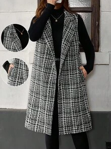 EMERY ROSE 大码女式秋冬口袋格子翻领休闲长款背心夹克 - 黑色 - 查看 8