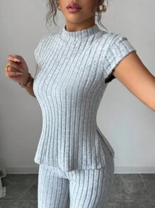 Elenzga 女式夏季纯色中式立领短袖罗纹 T 恤和裤子休闲优雅两件套 - 灰色 - 查看 7