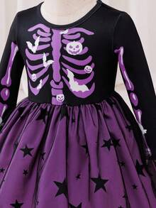 Glamorique Kids 女婴优雅紫色长袖星星网眼万圣节连衣裙 - 紫色 - 查看 5