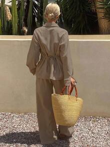 Livesso Women's Summer Solid Color Pleated Shirt And Wide Leg Pants Casual Suit