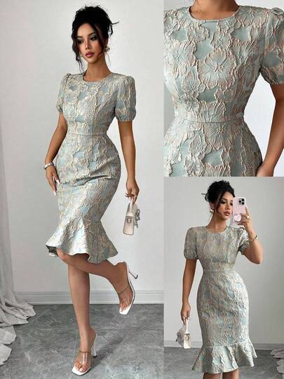 SHEIN PETITE Round Neck Short Sleeve Waist Cinched Textured Jacquard Embroidered Pea Green Elegant Precision Bodycon Ruffle Hem Commuter Versatile Dress