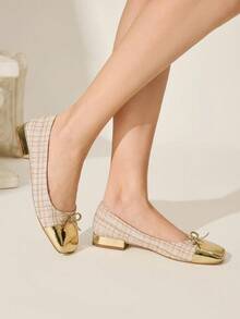 CUCCOO CHICEST 女士格子蝴蝶结尖头平底鞋，优雅甜美通勤浪漫休闲基本时尚个性经典舒适复古金丝绒金属仿皮礼服芭蕾平底鞋，适合下午茶、约会、派对、职场、优雅装扮、校园风格、舞会、基本百搭、万圣节、新年、春节 - 金色 - 查看 4