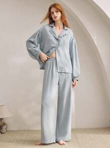 Ocili 女式秋季条纹直筒睡裤 - 藍色 - 查看 3