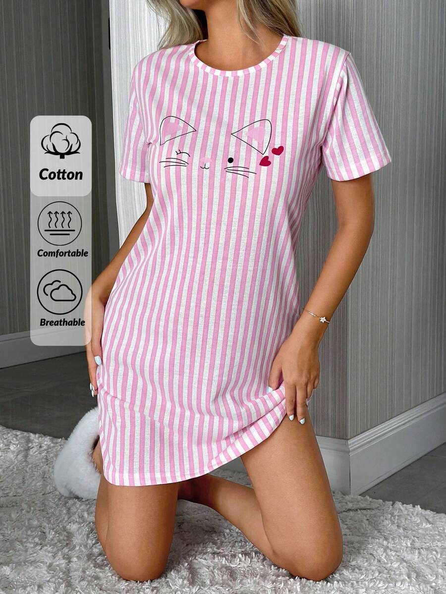 SHEIN Women Striped With Round Neck Cute Cat Print Short Sleeved Pajama Night Dress Cute Nightgown Short Night Gown Nightdress Sleep Dress