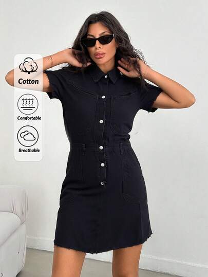 EURMUSE Women's Summer Short Sleeve Single-Breasted Pocket Casual Denim Dress