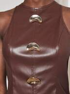 SHEIN Maija Women's Metal Decor PU Leather Round Neck Sleeveless Mini Dress,Dark Brown,Autumn,Chic,Night Out Fashion Coffee Brown Chocolate Leather Dress