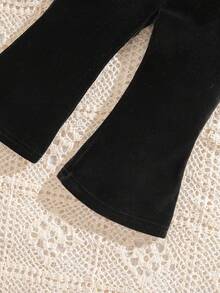 SHEIN Babygirl 可爱休闲天鹅绒连帽外套和松紧腰裤套装 - 黑色 - 查看 7