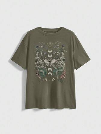 Goth Camiseta larga negra de estilo gótico con estampado de planta y ojo de serpiente para mujeres de talla grande