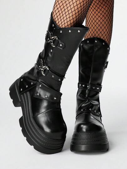 Women's Dark Punk Goth Boots, Black Leather Buckle High-Top Boots, Motorcycle Boots, Platform Chunky Heel Mid-Calf Boots