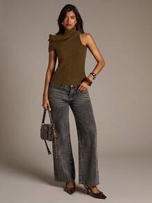Aloruh Women's Autumn/Winter High Neck Wrap Fitted Ribbed Sweater Vest - Olive Green - View 3