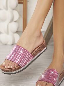 SHUZIA 女式厚底設計鑲嵌水鑽花裝飾平底涼鞋 - 粉色 - 查看 3