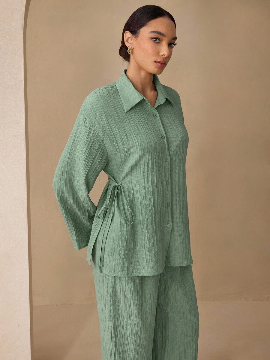 Graceveil 2pcs Casual Solid Color Cinched Waist Textured Fabric Shirt And Pants Set Co-Ords Fall Cloth For Women - Green - View 1