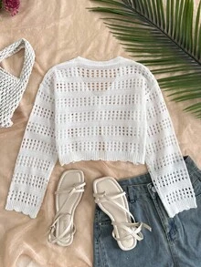 SHEIN Tween Girl White Casual Knit Cardigan,In Fall/Winter - Beige - View 2